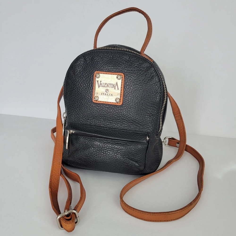 Rare- Valentina Leather Mini Backpack Black/Tan- Shoulder Bag Purse Academia